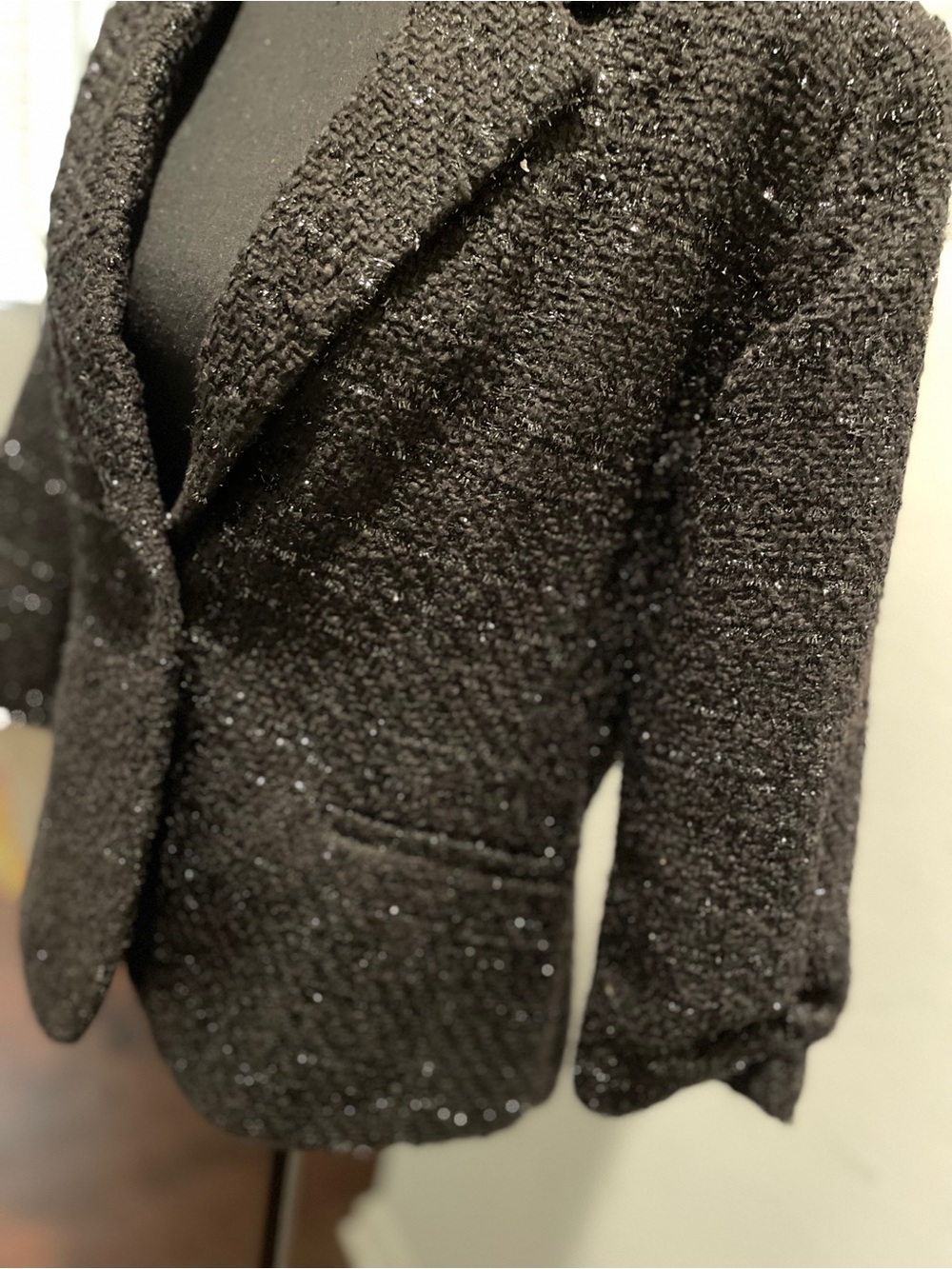Jennifer Lopez Sparkly Knit Jacket Blazer Size L Black Glam Shimmer Cropped Chic